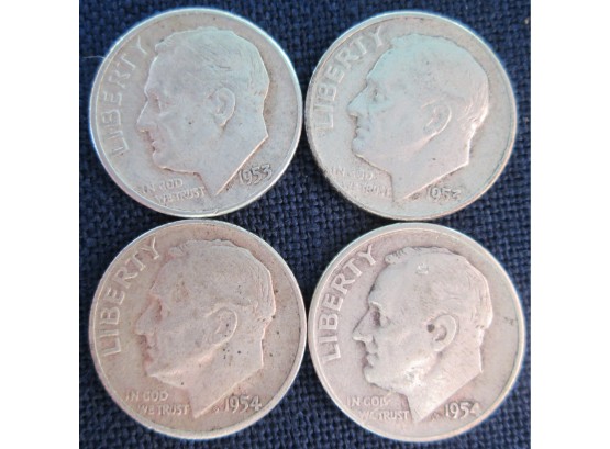 SET 4 COINS! Authentic 1954P, 1954D, 1955P & 1955D  ROOSEVELT SILVER DIMES $.10 United States