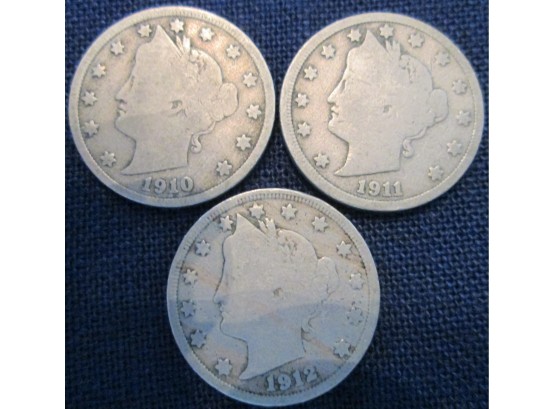 SET 3 COINS! Authentic 1910P, 1911P & 1912P Authentic 'v' LIBERTY NICKEL $.05 United States