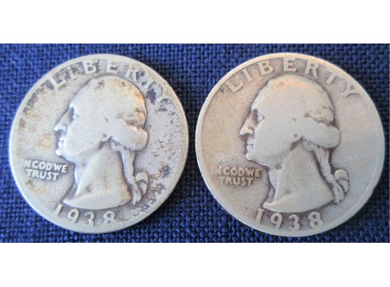SET 2 COINS! 1938P & 1938S Authentic WASHINGTON SILVER Quarters $.25 United States
