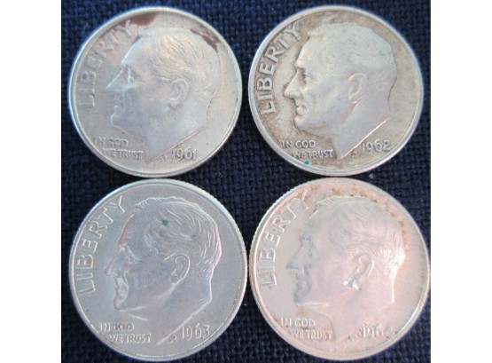 SET 4 COINS! Authentic 1961P, 1962P, 1963P & 1964P  ROOSEVELT SILVER DIMES $.10 United States