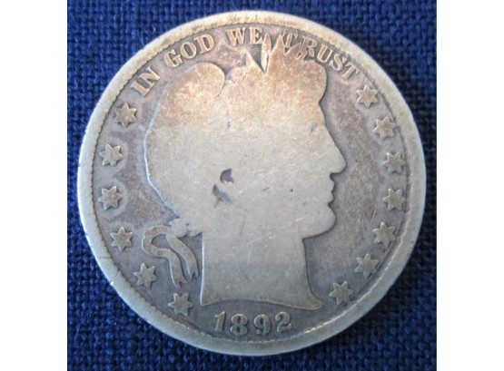 1892P Authentic BARBER SILVER Half Dollar $.50 United States