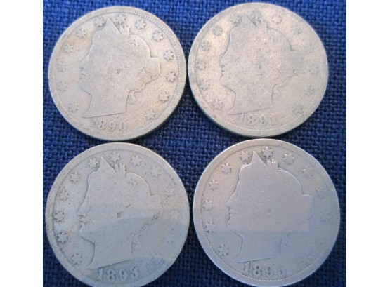 SET 4 COINS! Authentic 1890P, 1891P, 1893P & 1895P Authentic 'v' LIBERTY NICKEL $.05 United States