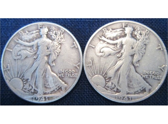 SET 2 COINS! 1941P & 1941D Authentic WALKING LIBERTY SILVER Half Dollars $.50 United States