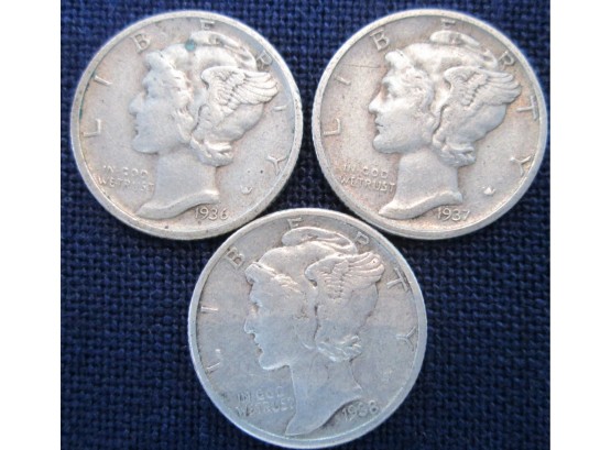 SET 3 COINS! 1936P, 1937P & 1938P Authentic MERCURY DIMES SILVER $.10 United States