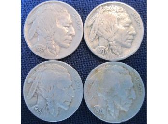 SET 4 COINS! 1937P, 1937D, 1937S & 1938D Authentic BUFFALO NICKELS $.05 United States