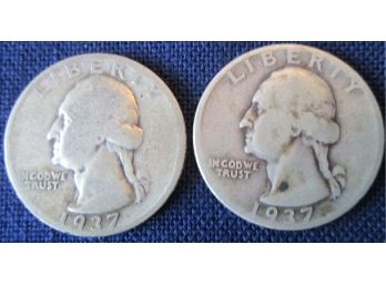 SET 2 COINS! 1937P & 1937D Authentic WASHINGTON SILVER Quarters $.25 United States