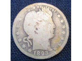 1893P Authentic BARBER Quarter Dollar SILVER $.25 United States
