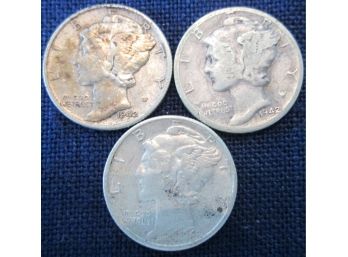 SET 3 COINS! 1942P, 1942D & 1942S Authentic MERCURY DIMES SILVER $.10 United States