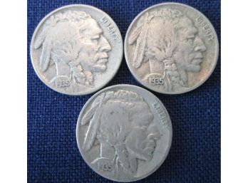 SET 3 COINS! 1935P, 1935D & 1935S Authentic BUFFALO NICKELS $.05 United States