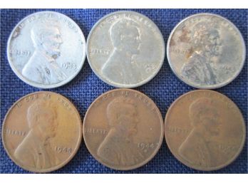 SET 6 COINS! 1943PDS, 1944PDS Authentic LINCOLN CENTS $.01 United States