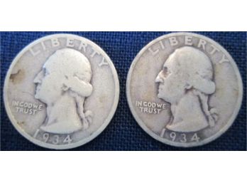 SET 2 COINS! 1934P & 1934D Authentic WASHINGTON SILVER Quarters $.25 United States