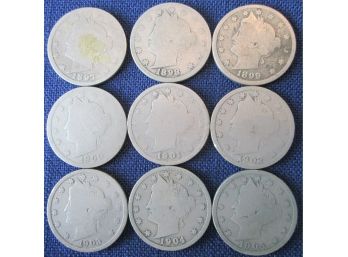 SET 9 COINS! Authentic 1897P Thru 1905P Authentic 'v' LIBERTY NICKELS $.05 United States