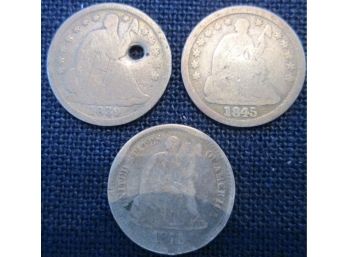 SET 3 COINS! 1839O, 1845 & 1871 Authentic SEATED LIBERTY HALF Dimes SILVER $.05 United States
