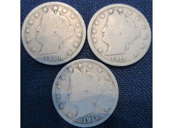 SET 3 COINS! Authentic 1910P, 1911P & 1912P Authentic 'v' LIBERTY NICKEL $.05 United States