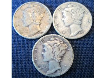 SET 3 COINS! 1944P, 1944D & 1944S Authentic MERCURY DIMES SILVER $.10 United States