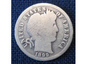 1899O Authentic BARBER DIME SILVER $.10 United States
