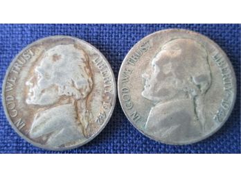 SET 2 COIN LOT! 1942P & 1942S Authentic JEFFERSON WAR NICKELS SILVER $.05 United States