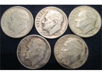 SET 5 COINS! Authentic 1946P, 1947P, 1948P, 1949P & 1950P  ROOSEVELT SILVER DIMES $.10 United States