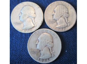 SET 3 COINS! 1936P, 1936D & 1936S Authentic WASHINGTON SILVER Quarters $.25 United States