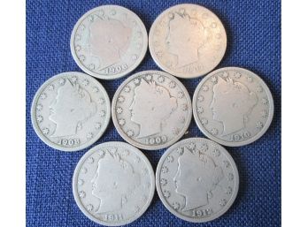 SET 7 COINS! Authentic 1906P Thru 1912P Authentic 'v' LIBERTY NICKELS $.05 United States