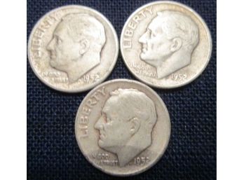 SET 3 COINS! Authentic 1952P, 1952D & 1952S  ROOSEVELT SILVER DIMES $.10 United States