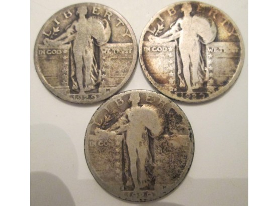SET 3 COINS: 1929P, 1929D & 1929S Authentic STANDING LIBERTY SILVER Quarters $.25 United States