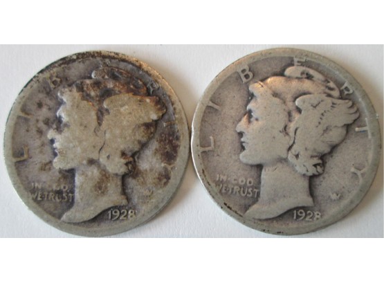 SET 2 COINS! 1928P & 1928S Authentic MERCURY DIMES SILVER $.10 United States
