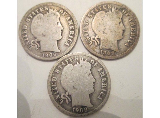 SET 3 COINS!  Authentic 1906P, 1907P & 1908D BARBER DIMES SILVER $.10 United States