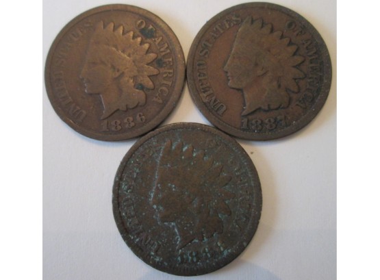 3 COIN LOT! 1886P, 1887P & 1888P Authentic INDIAN HEAD CENTS $.01 United States