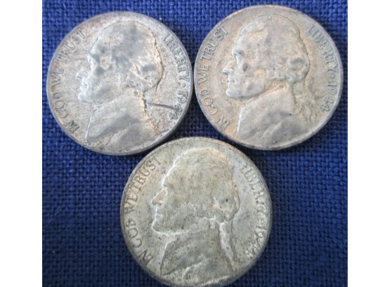 SET 3 COIN LOT! 1944P, 1944D & 1944S Authentic JEFFERSON WAR NICKELS SILVER $.05 United States