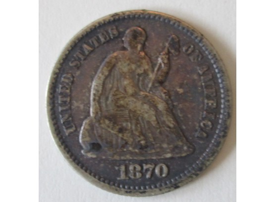 1870P Authentic SEATED LIBERTY HALF Dime $.05 United States
