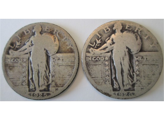 SET 2 COINS: 1925P & 1926P Authentic STANDING LIBERTY SILVER Quarters $.25 United States