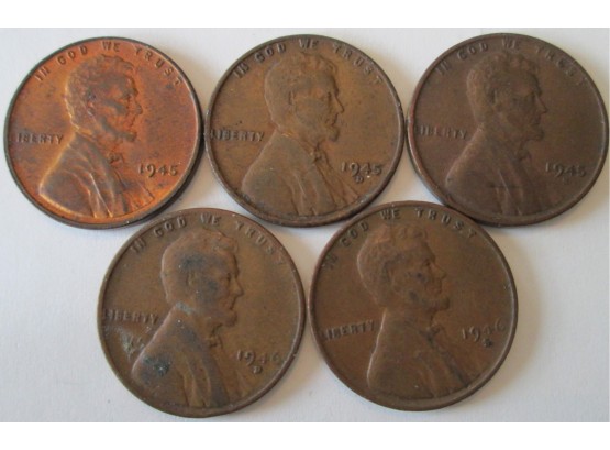 SET 5 COINS! 1945PDS & 1946DS Authentic LINCOLN CENTS $.01 United States