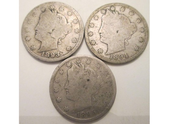 3 COIN LOT! 1893P, 1894P & 1895P Authentic LIBERTY V NICKELS $.05 United States