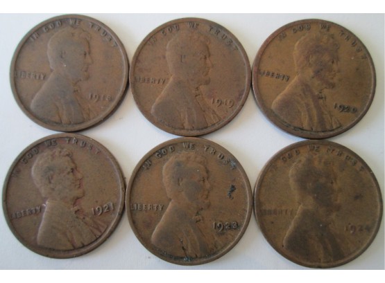 SET 6 COINS! 1918P, 1919P, 1920P, 1921P, 1923P & 1924P Authentic LINCOLN CENTS $.01 United States
