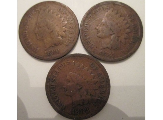 3 COIN LOT! 1880P, 1881P & 1882P Authentic INDIAN HEAD CENTS $.01 United States