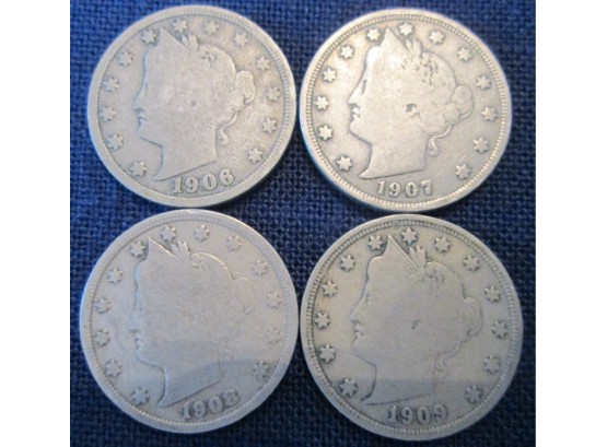 SET 4 COINS! Authentic 1906P, 1907P, 1908P & 1909P Authentic 'v' LIBERTY NICKEL $.05 United States