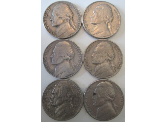 SET 6 COIN LOT! 1955PD, 1956PD & 1957PD Authentic JEFFERSON NICKELS $.05 United States