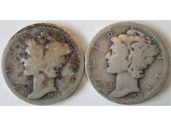 SET 2 COINS! 1928P & 1928S Authentic MERCURY DIMES SILVER $.10 United States