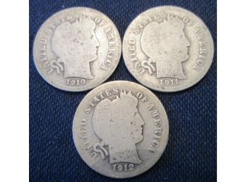 SET 3 COINS!  Authentic 1910P, 1911P & 1912P BARBER DIMES SILVER $.10 United States