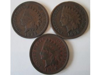 3 COIN LOT! 1894P, 1895P & 1896P Authentic INDIAN HEAD CENTS $.01 United States