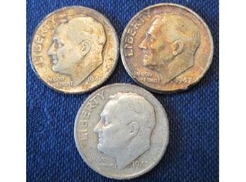 SET 3 COINS! Authentic 1947P, 1947D & 1947S  ROOSEVELT SILVER DIMES $.10 United States