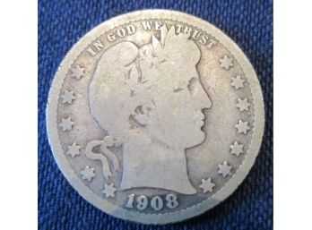 Authentic 1908D BARBER QUARTER SILVER $.25 United States