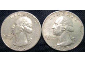 SET 2 COINS! 1963P & 1963D Authentic WASHINGTON SILVER Quarters $.25 United States