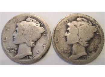 SET 2 COINS! 1916P & 1917P Authentic MERCURY DIMES SILVER $.10 United States