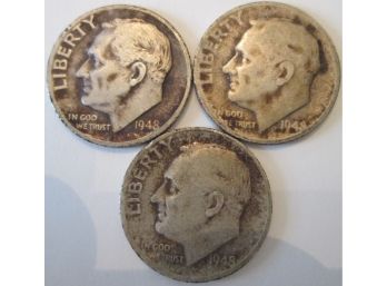 SET 3 COINS! Authentic 1948P, 1948D & 1948S  ROOSEVELT SILVER DIMES $.10 United States