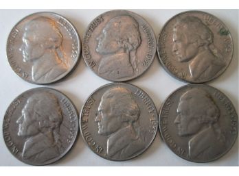 SET 6 COIN LOT! 1952PDS & 1953PDS Authentic JEFFERSON NICKELS $.05 United States