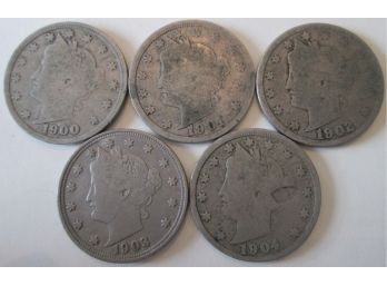 5 COIN LOT! 1900P, 1901P, 1902, 1903 & 1904P Authentic LIBERTY V NICKELS $.05 United States