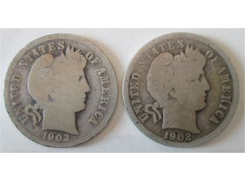SET 2 COINS!  Authentic 1902P & 1902O BARBER DIMES SILVER $.10 United States