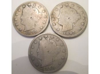 3 COIN LOT! 1896P, 1897P & 1898P Authentic LIBERTY V NICKELS $.05 United States
